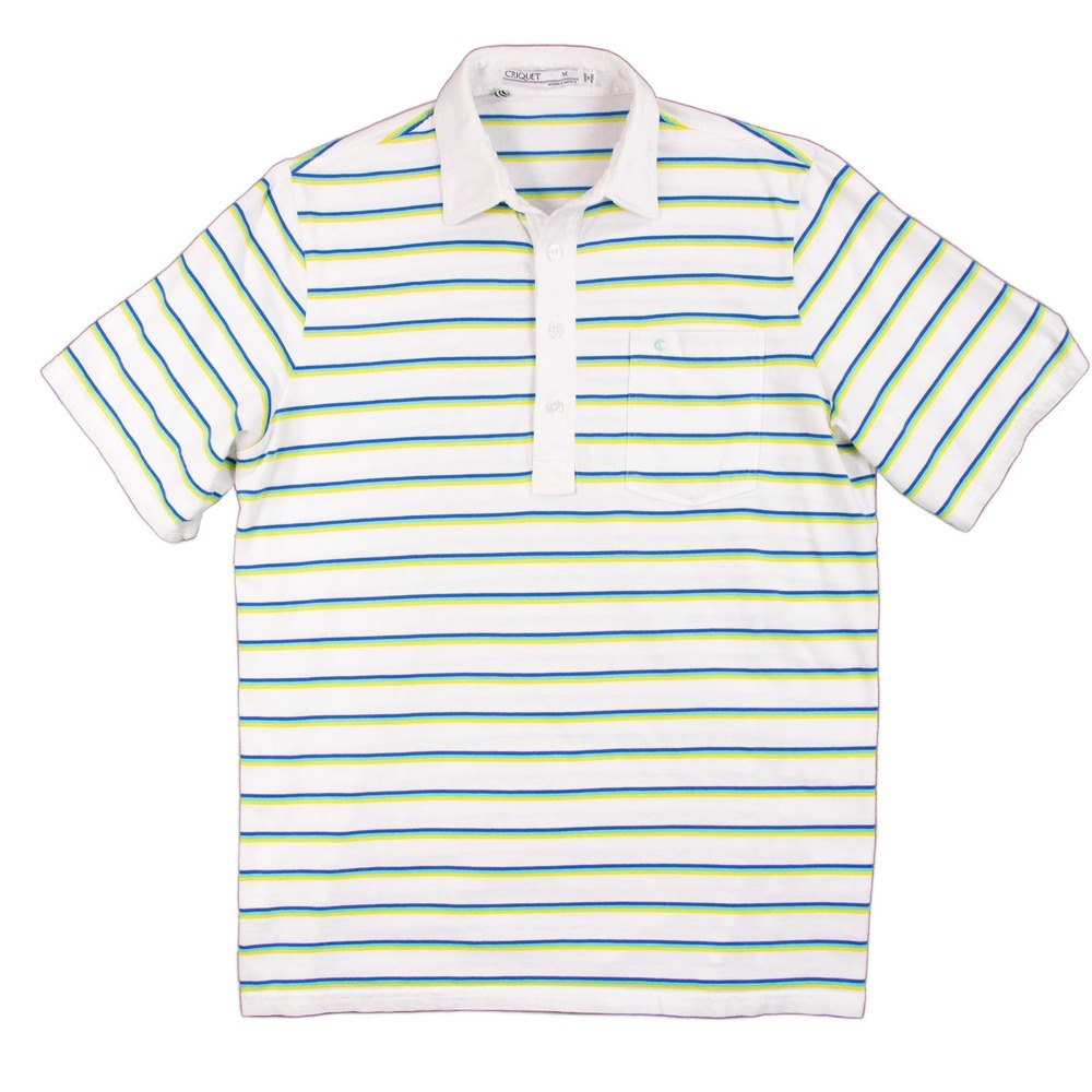 Criquet Polo Shirt Mens M White Striped‎ Organic Cotton 4 Button Short Sleeve